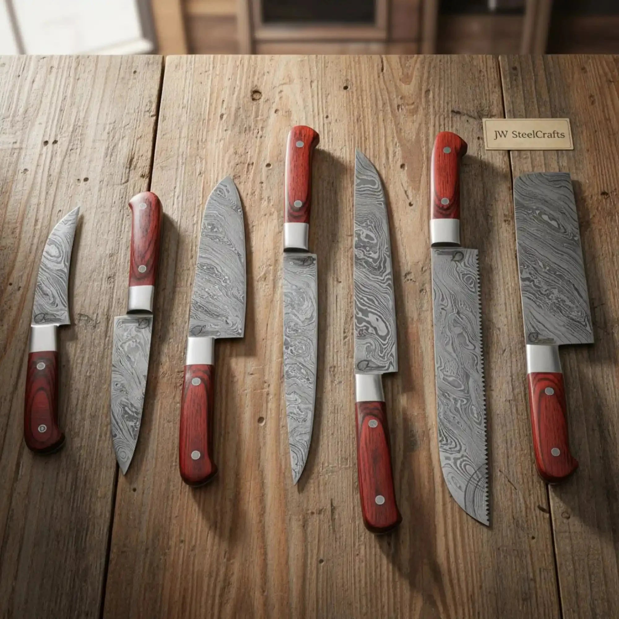 JW SteelCrafts 7 Piece Damascus Kitchen Knife Set, Paring Utility Santoku Chef Carving Bread Knife and Vegetable Cleaver, Handmade Damascus Steel Knife Set Red Wood Handle