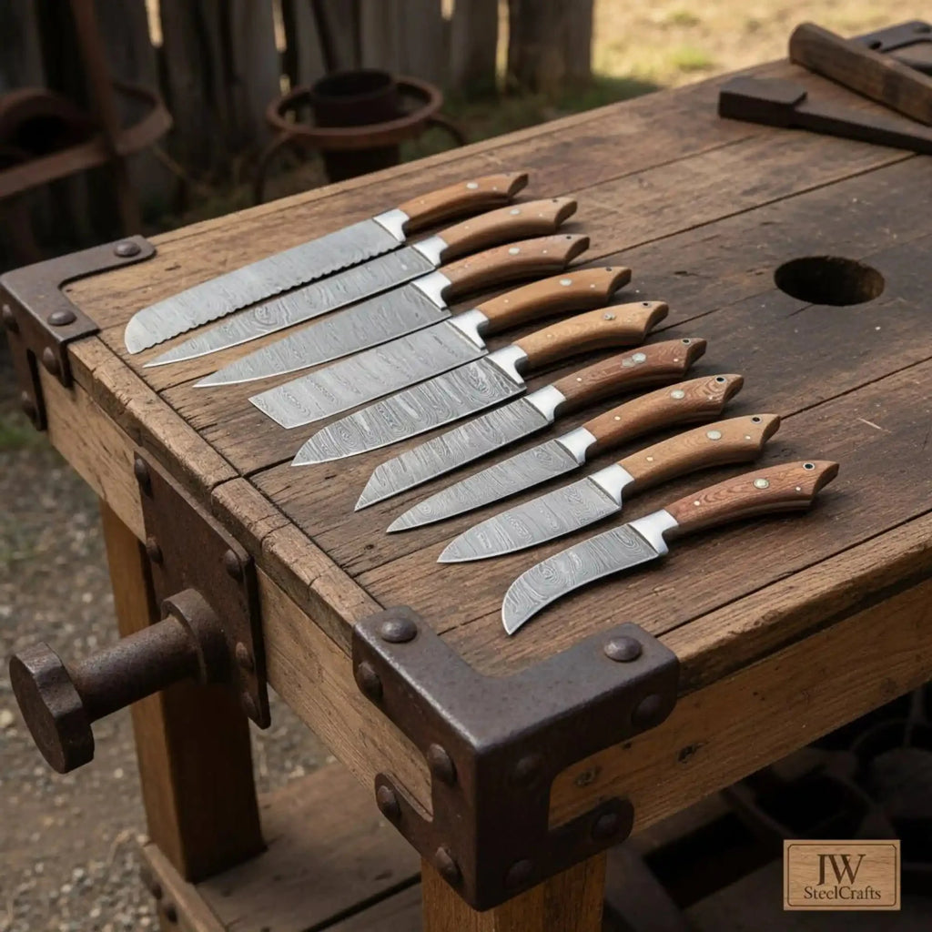 8-Piece Handmade Damascus Kitchen Knife Set with Walnut Wood Handles