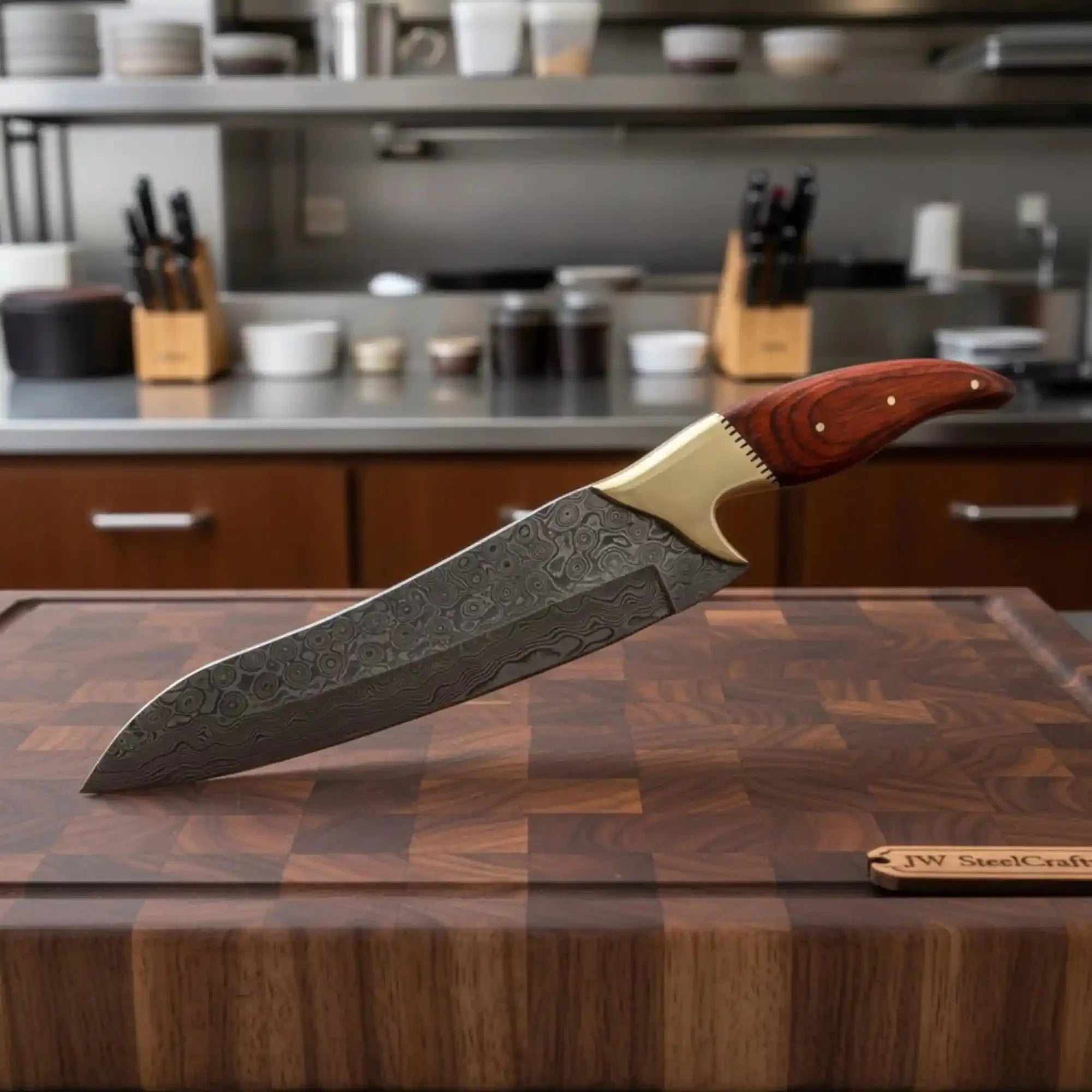 JW SteelCrafts Hand-forged Damascus Gyuto Chef Knife – Red Pakka Wood & Brass Bolster