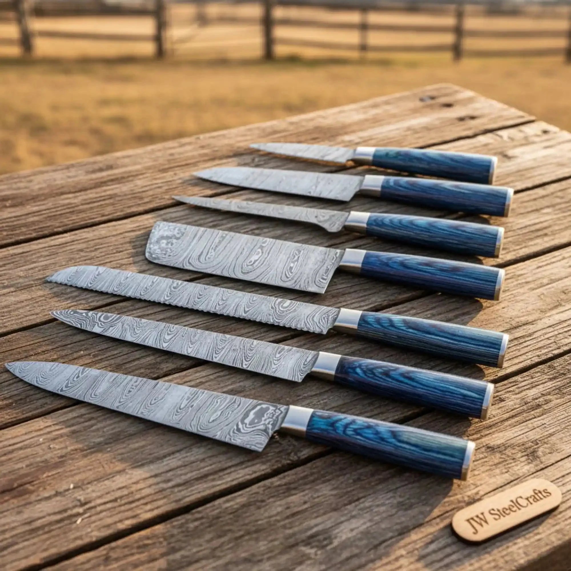 Damascus Kitchen Knife Set - Gyuto, Santoku, Carving, Petty, Utility & Paring Knives