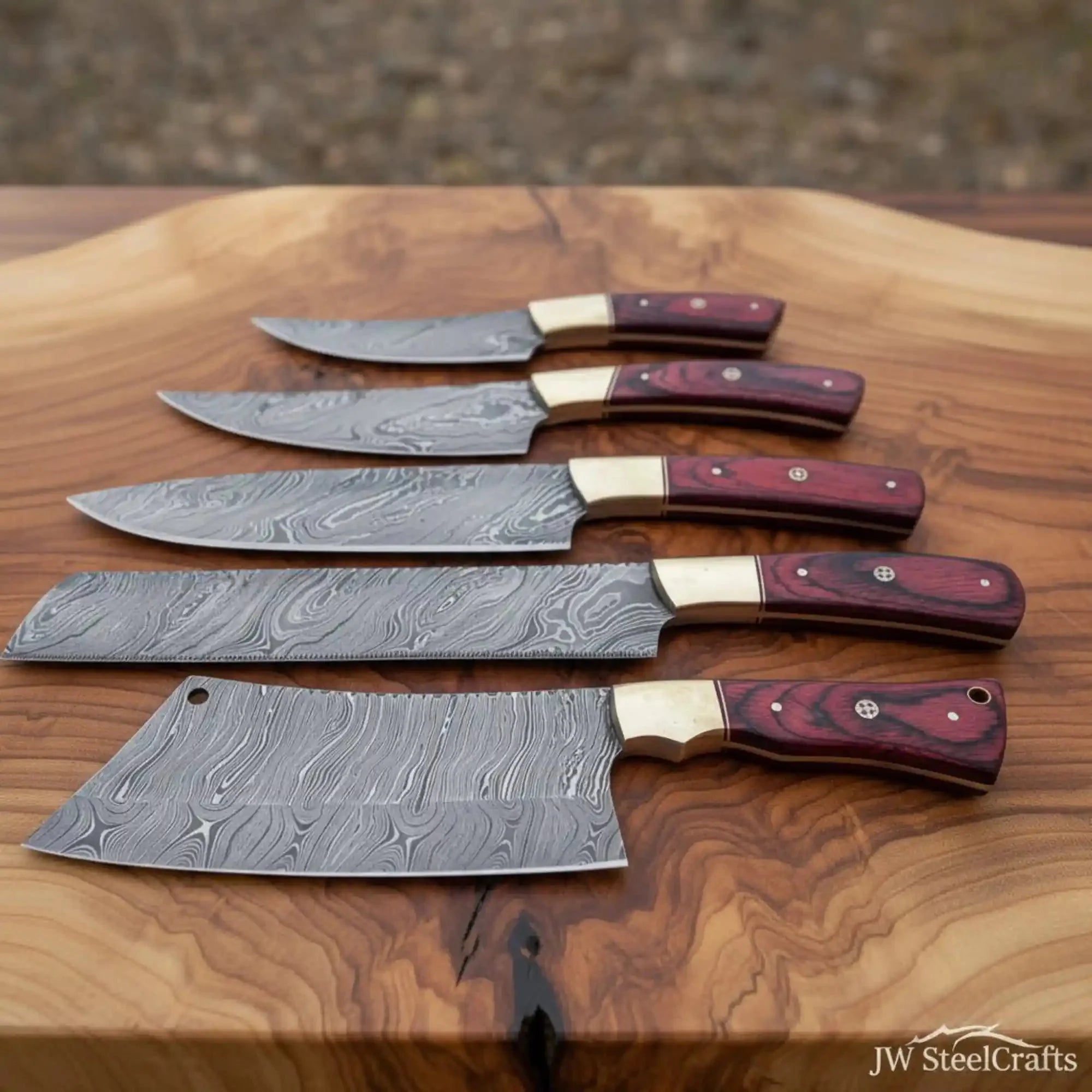JW SteelCrafts Handcrafted Damascus Butcher Cleaver + Multi-Purpose Chef Knife Set