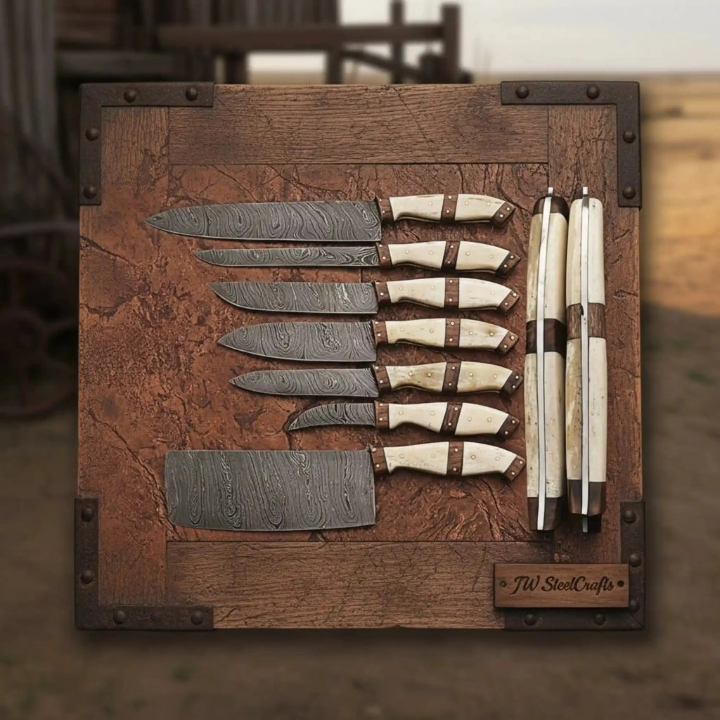 7-Piece Handmade Damascus Kitchen Knife Set with Bone Handle and Leather Roll