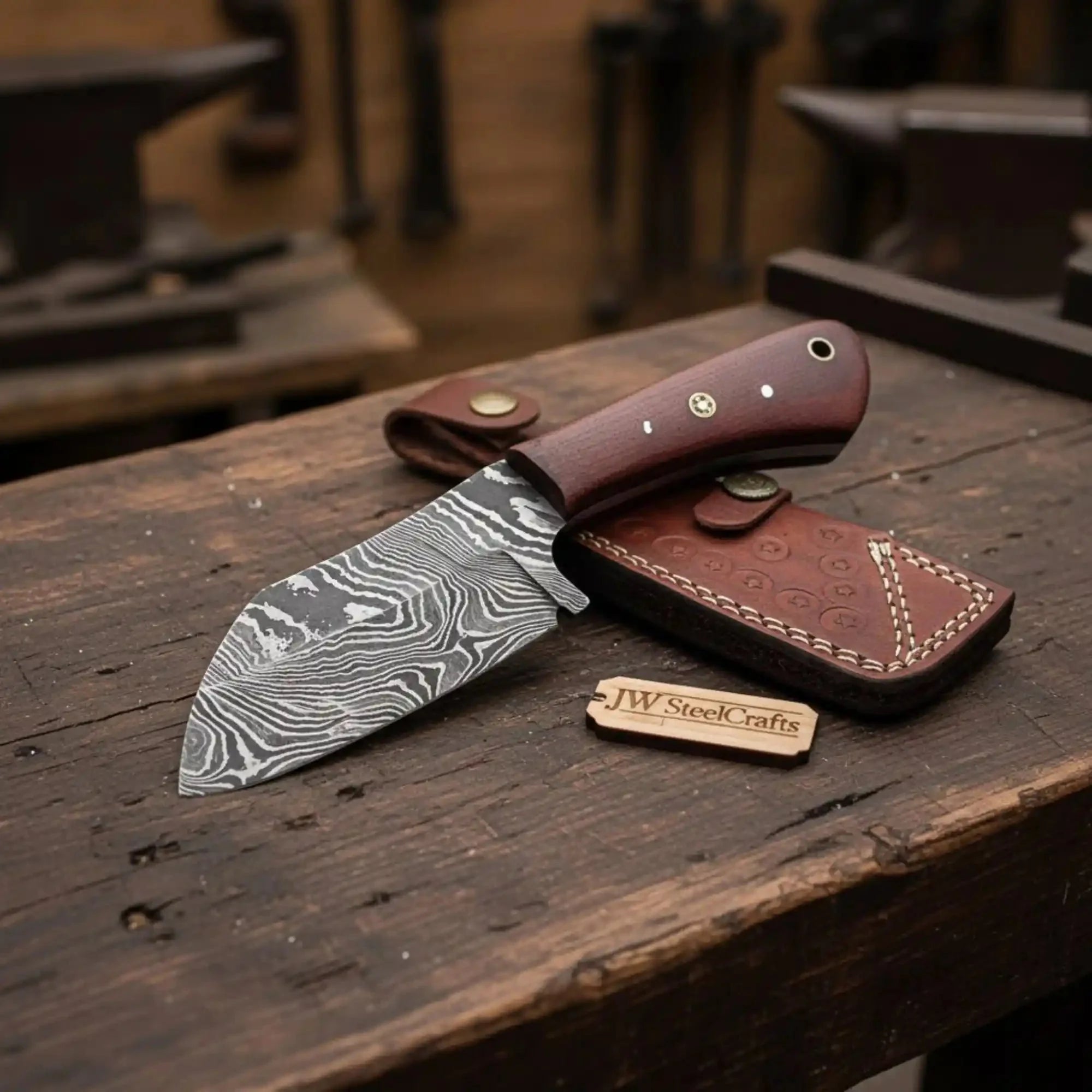 Compact Hunting Knife with Red Micarta Handle, Handmade Damascus Skinner, Leather Sheath, 7 Inch