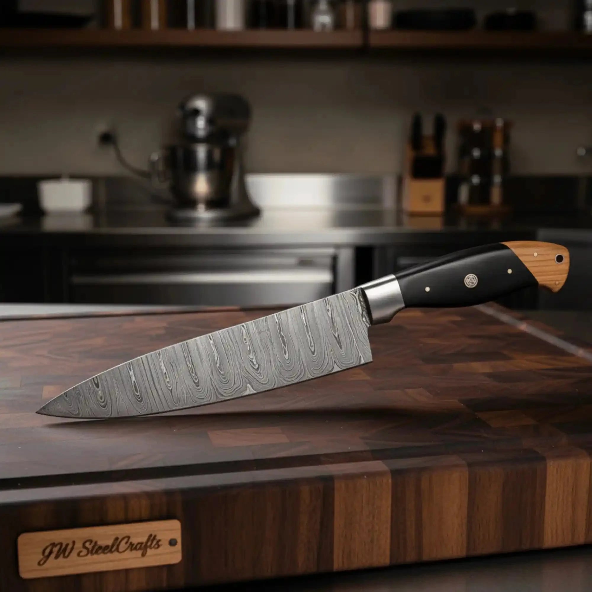 JW SteelCrafts Twisted Damascus 12” Cleaver & 13” Chef Knife – Black Micarta and Olive Wood