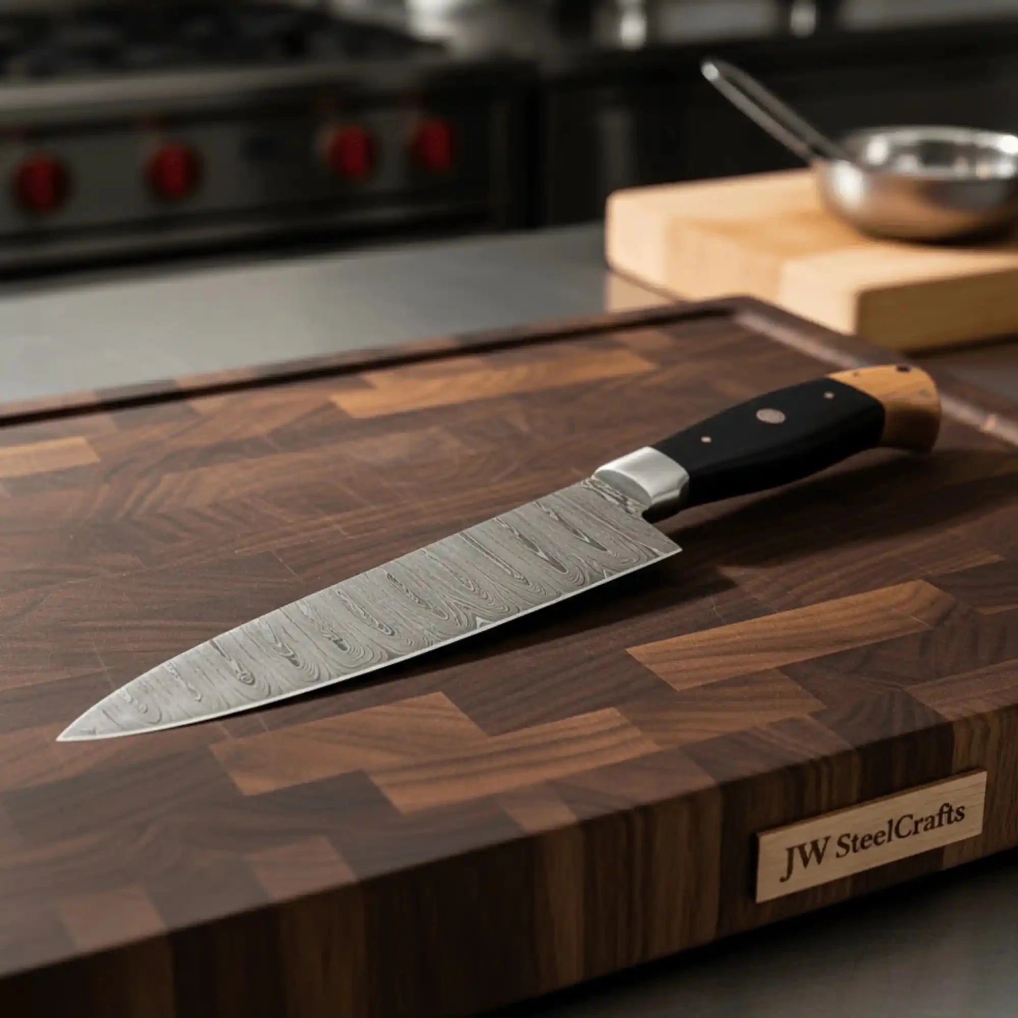 JW SteelCrafts Twisted Damascus 12” Cleaver & 13” Chef Knife – Black Micarta and Olive Wood