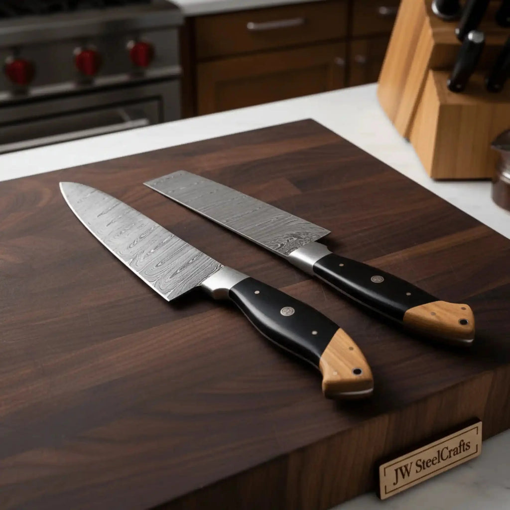 JW SteelCrafts Twisted Damascus 12” Cleaver & 13” Chef Knife – Black Micarta and Olive Wood
