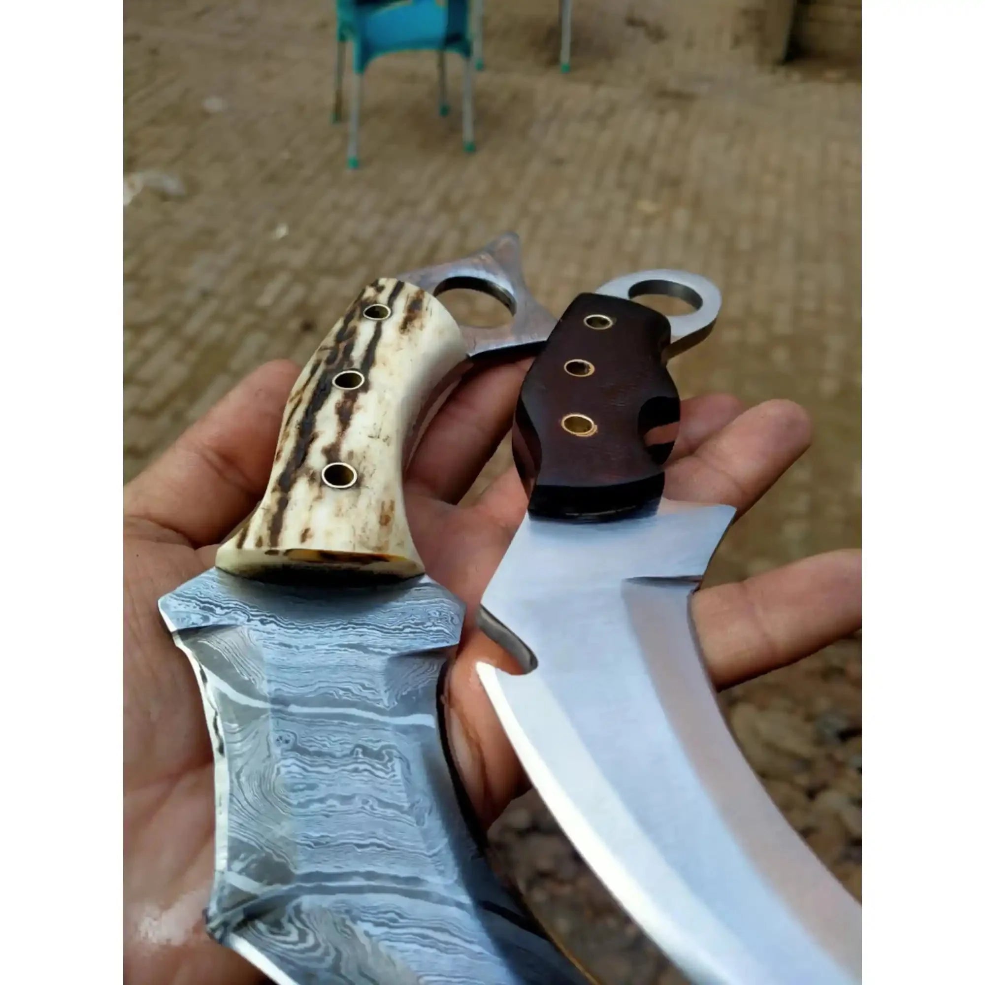 Damascus Steel Karambit Pair, Stag Horn & Wood Handle, 9-inch Blade