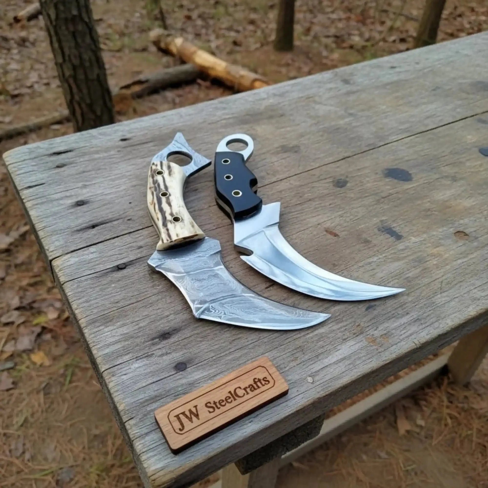Damascus Steel Karambit Pair, Stag Horn & Wood Handle, 9-inch Blade