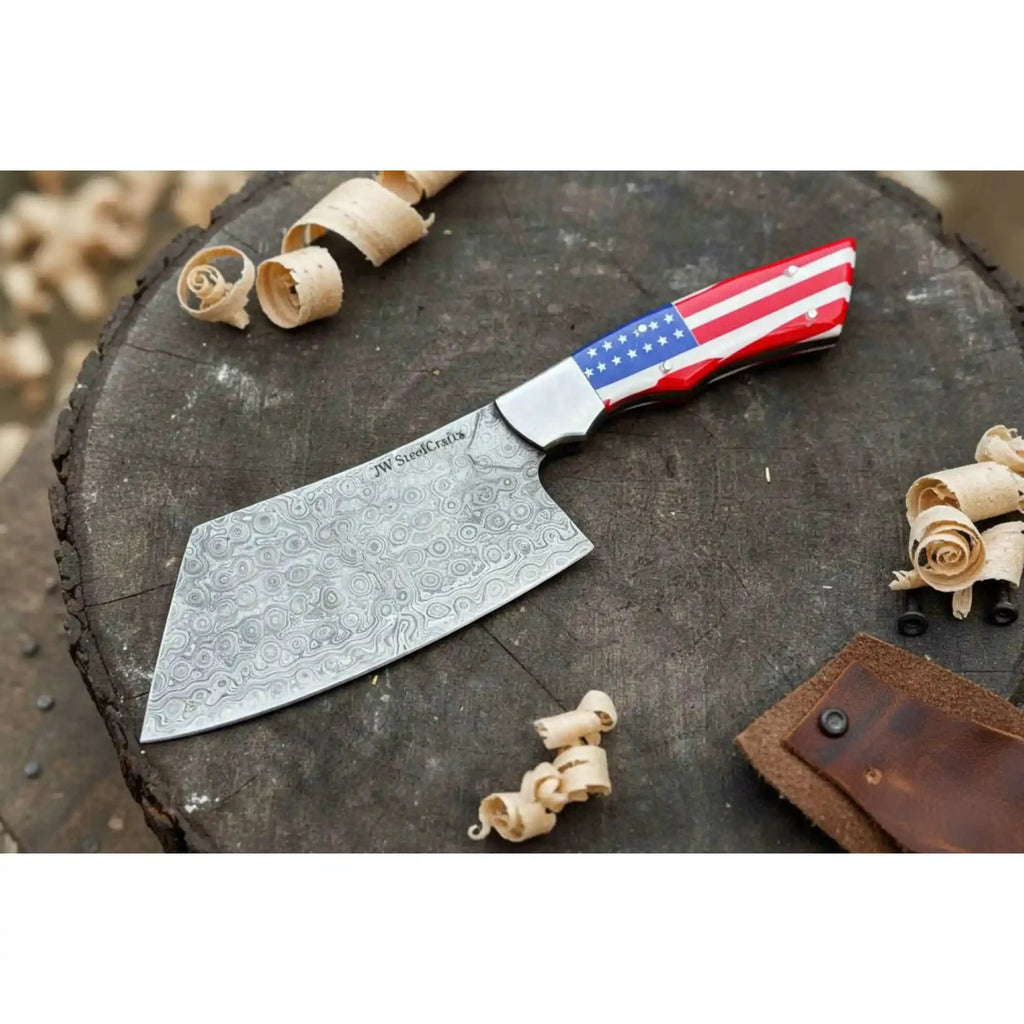 Ko Bunka Damascus Knife Reverse Tanto USA Flag Handle