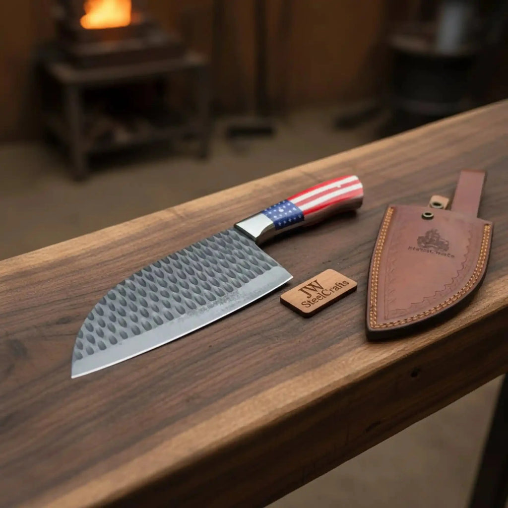 Ko-Santoku Damascus Steel Knife, Compact Japanese Santoku Kitchen Knife, Hammered Finish Blade, USA Flag Resin Handle, Handmade Prep Knife JW SteelCrafts