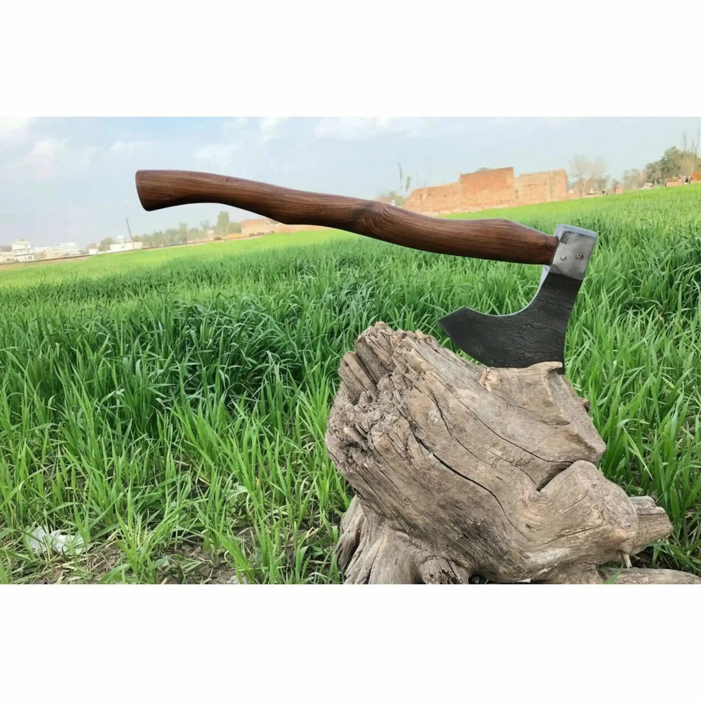 Matching Pair of Hand-Forged Damascus Bearded Axes with Curved Rosewood Handles