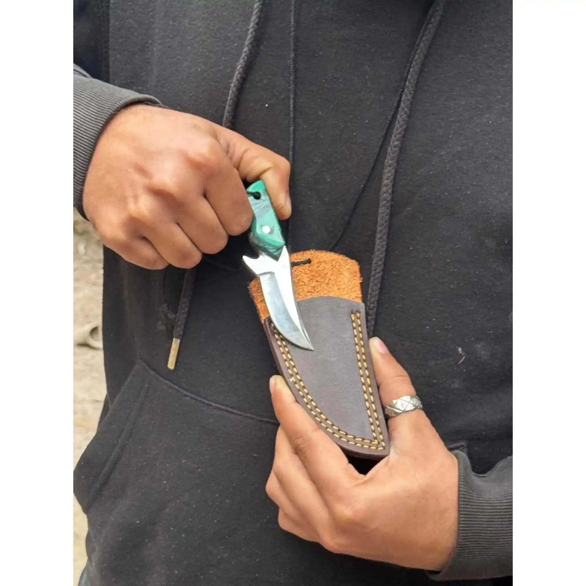 Neck Knife with Leather Sheath – Mini Damascus Pattern Blade | Green Resin Handle | JW SteelCrafts