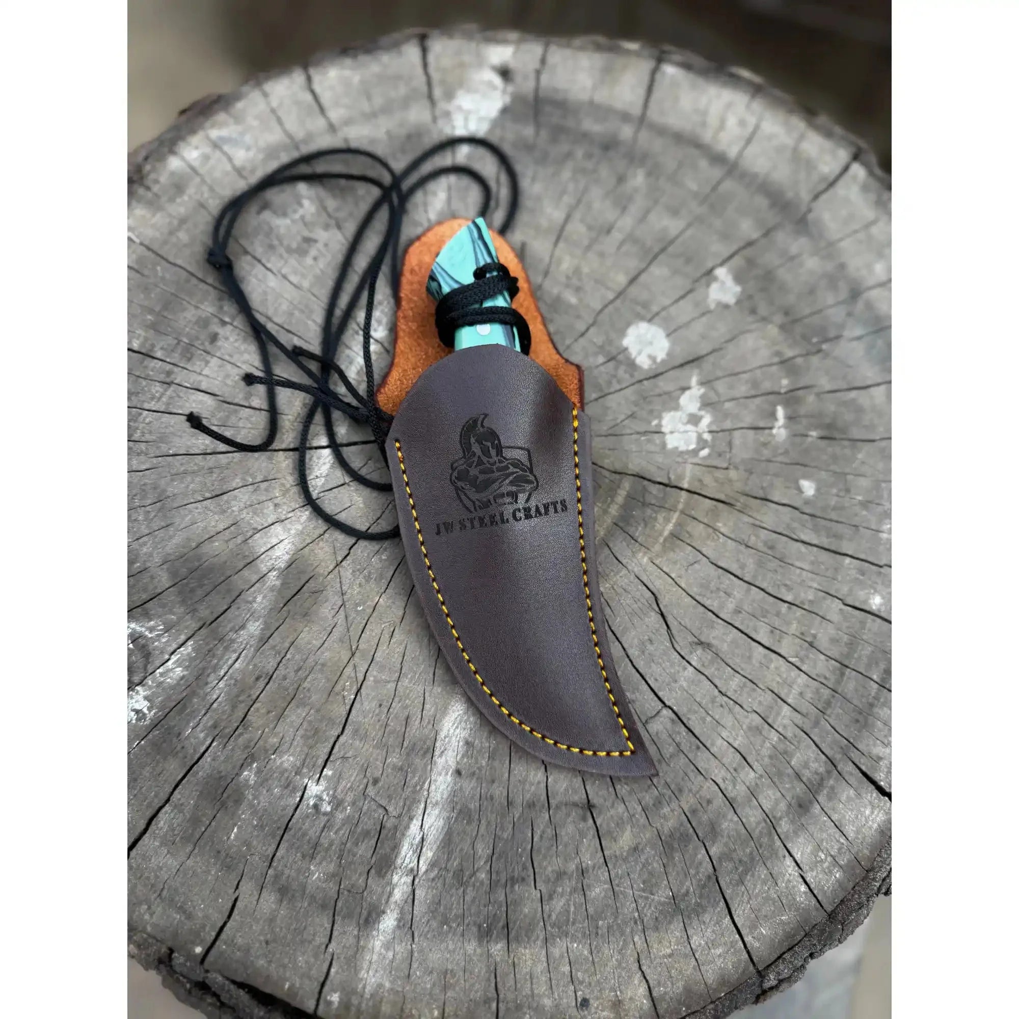 Neck Knife with Leather Sheath – Mini Damascus Pattern Blade | Green Resin Handle | JW SteelCrafts