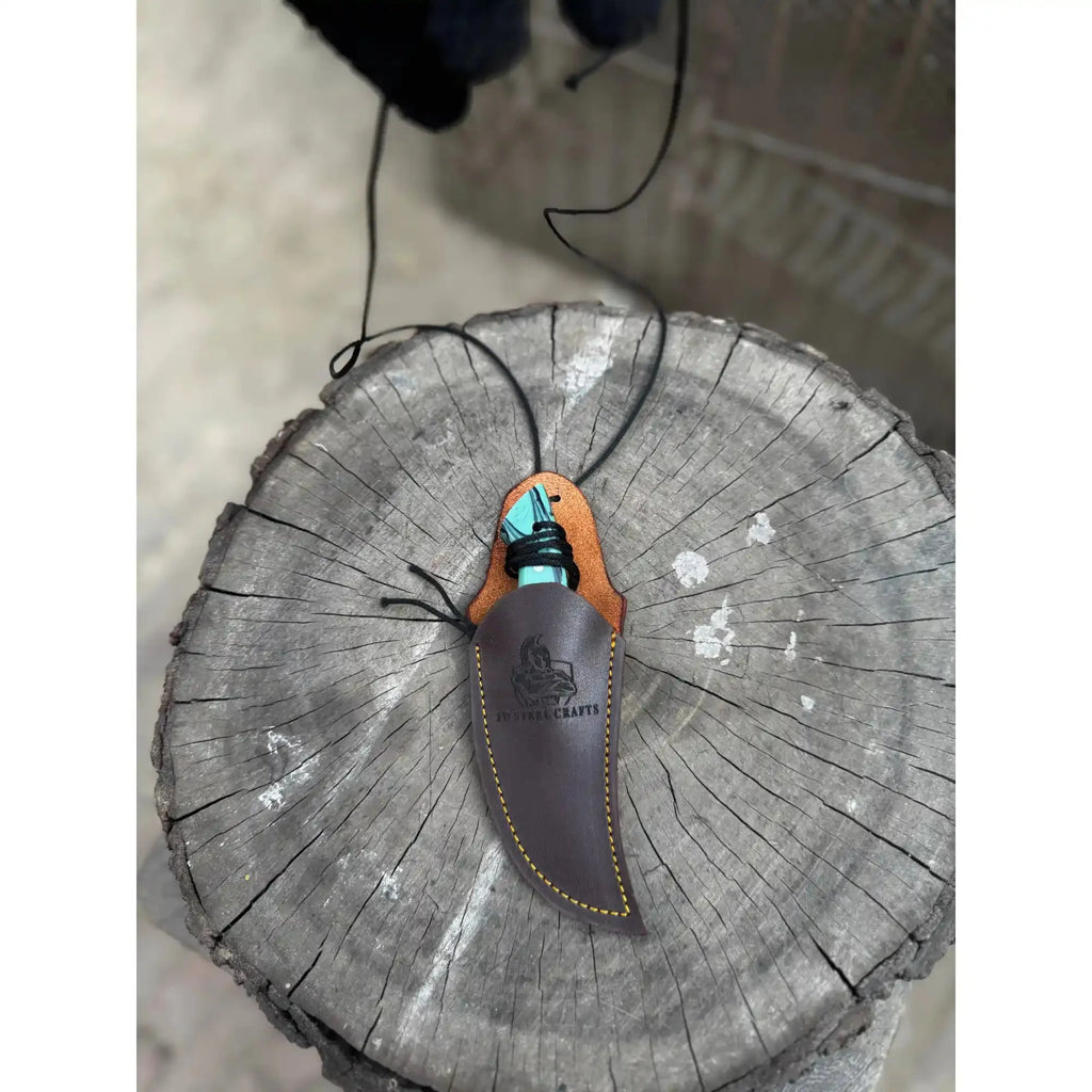Neck Knife with Leather Sheath – Mini Damascus Pattern Blade | Green Resin Handle | JW SteelCrafts