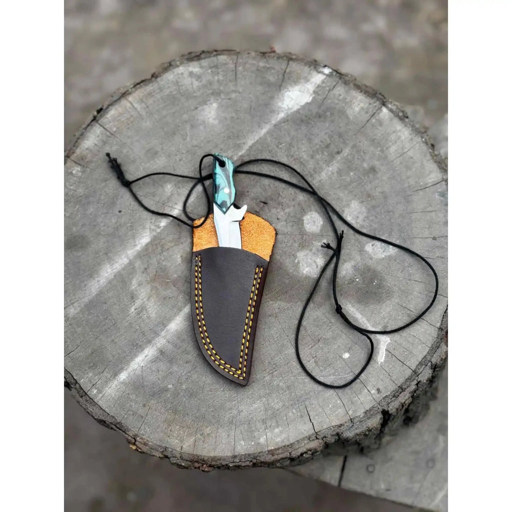 Neck Knife with Leather Sheath – Mini Damascus Pattern Blade | Green Resin Handle | JW SteelCrafts