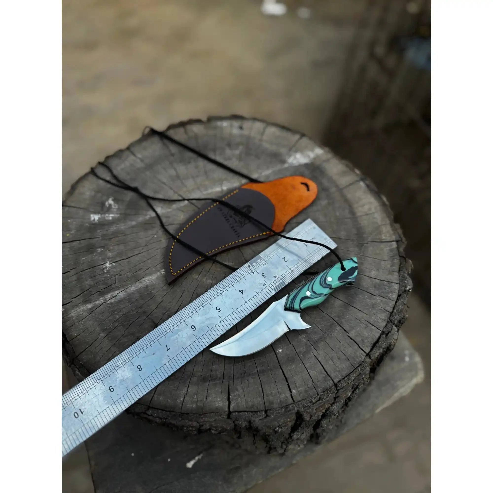 Neck Knife with Leather Sheath – Mini Damascus Pattern Blade | Green Resin Handle | JW SteelCrafts