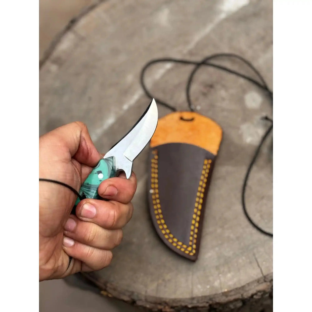 Neck Knife with Leather Sheath – Mini Damascus Pattern Blade | Green Resin Handle | JW SteelCrafts