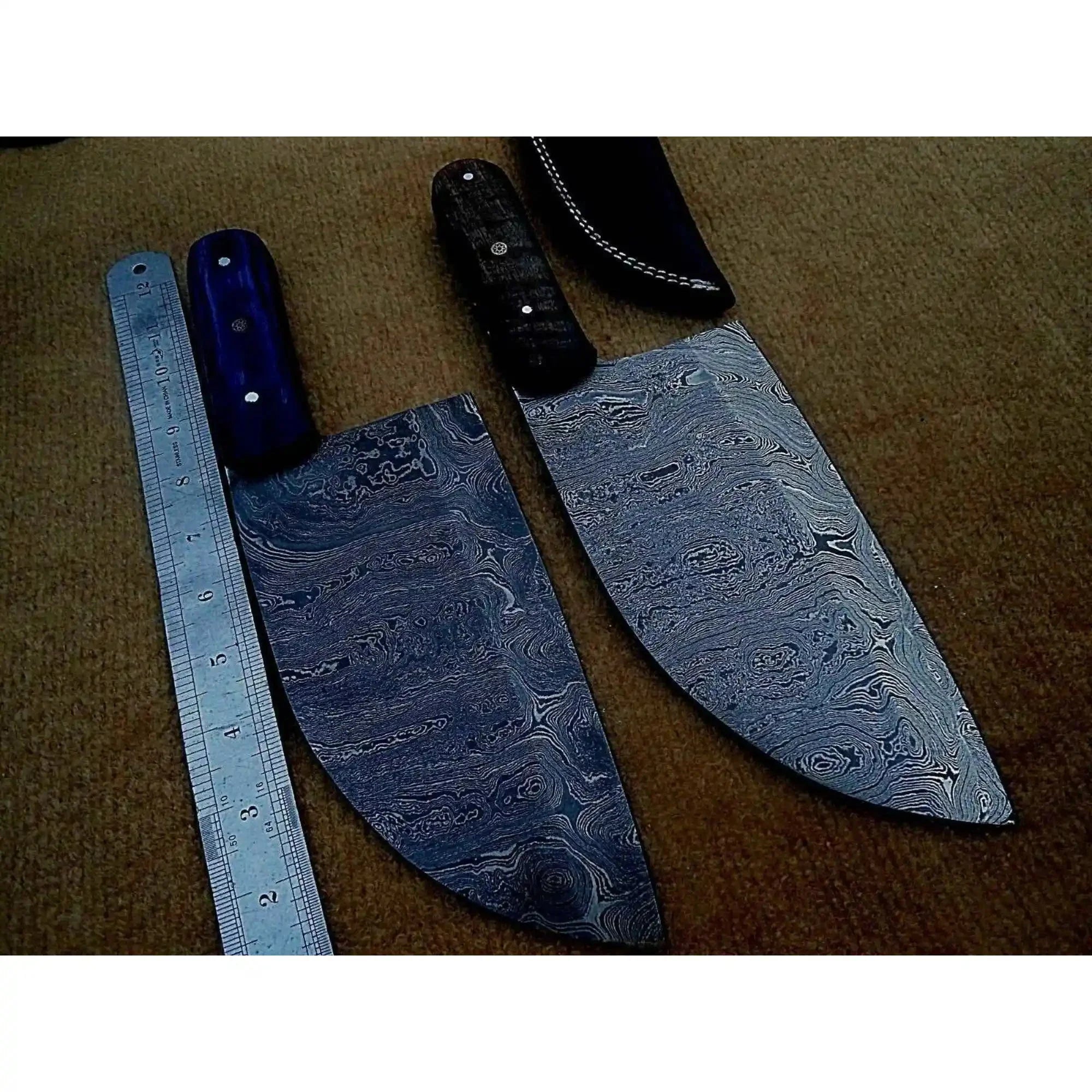 Pair of Chinese Vegetable Cleavers — Damascus Steel, Stabilized Wood (SMT) Full-Tang Handles lol