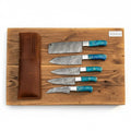 5-Piece Damascus Kitchen Knife Set, Steel Bolster, Blue Resin Handles