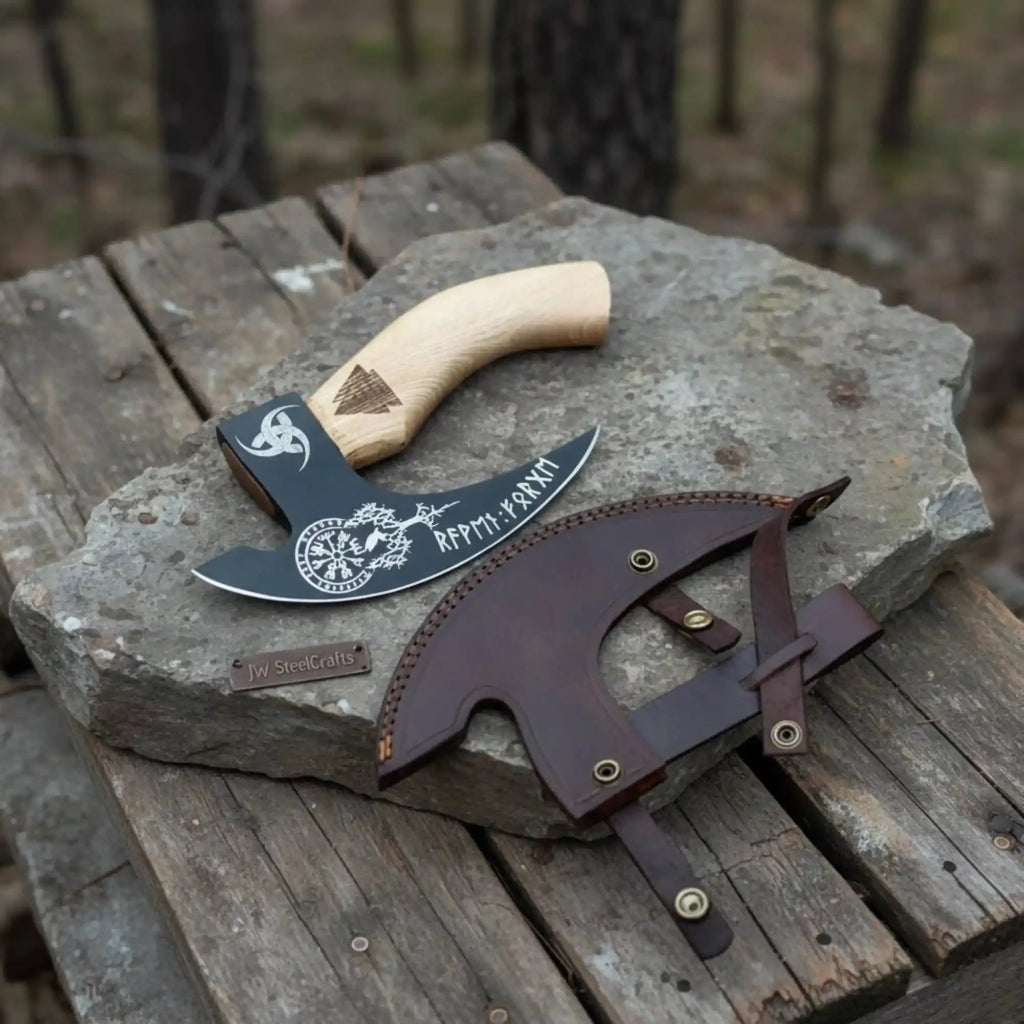 Product: Viking Style Engraved Bearded Axe – Oak Wood Handle