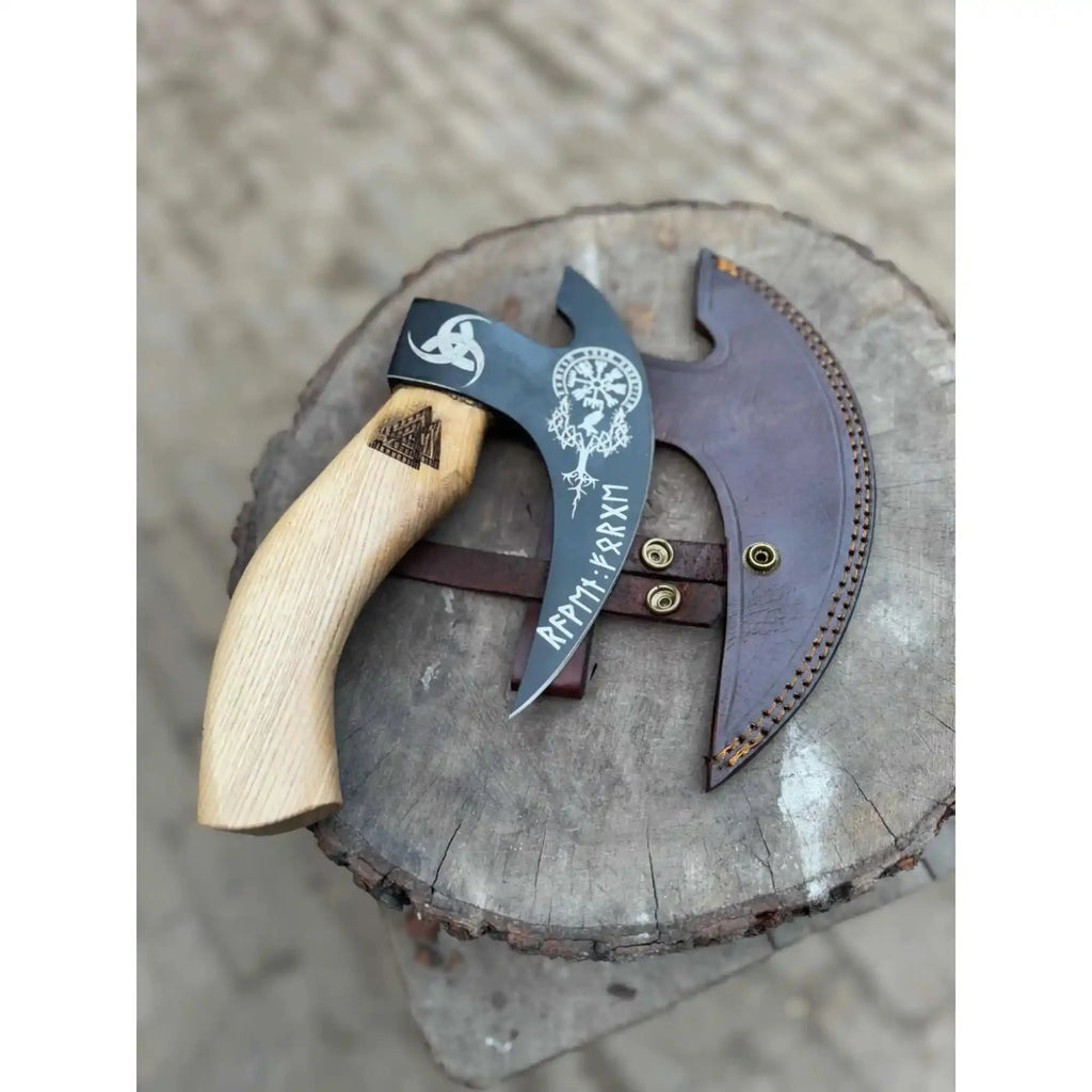 Product: Viking Style Engraved Bearded Axe – Oak Wood Handle