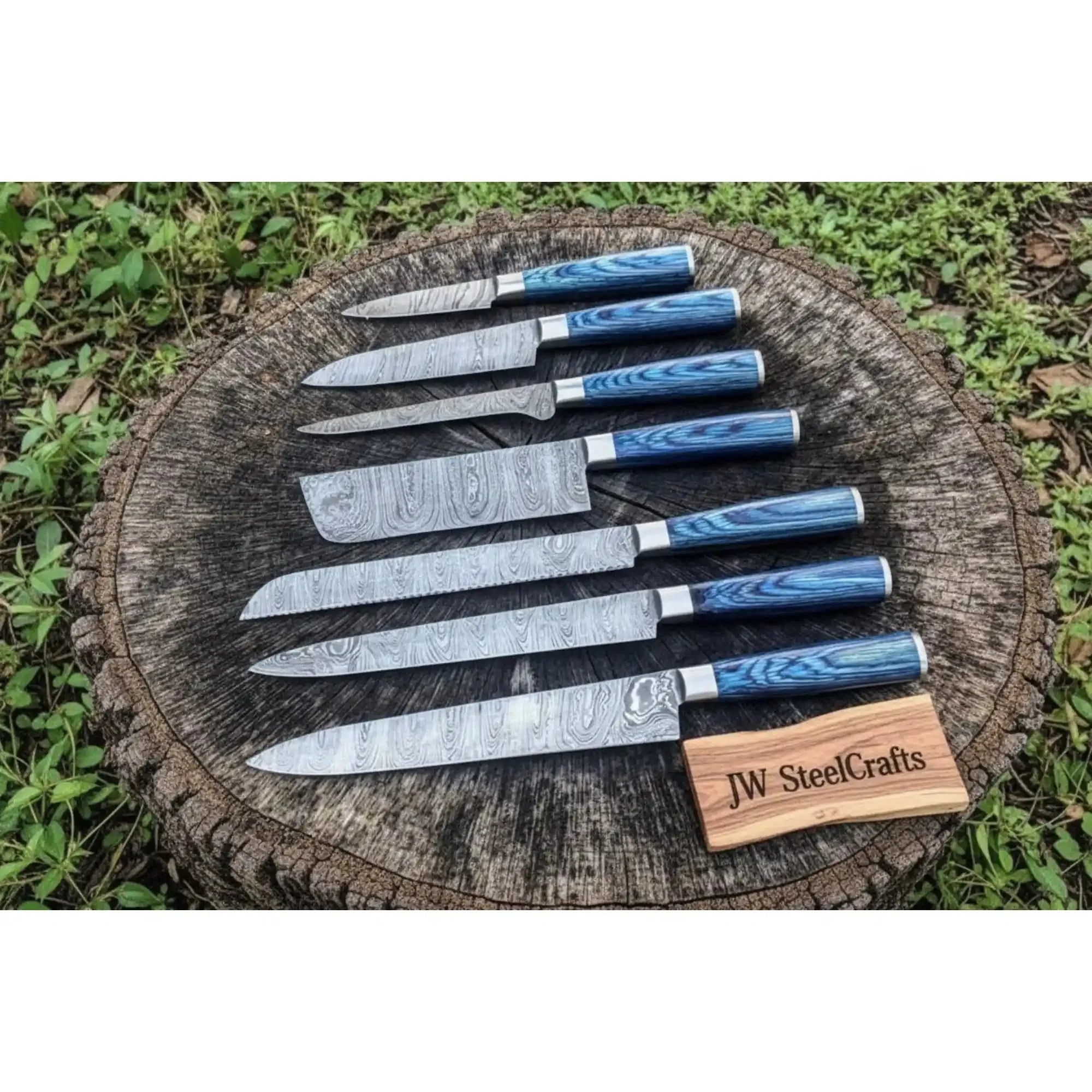 Professional Damascus Kitchen Knife Set 7 Piece Blue Stabilized Wood Handle Handmade Chef Knife Collection JW SteelCrafts