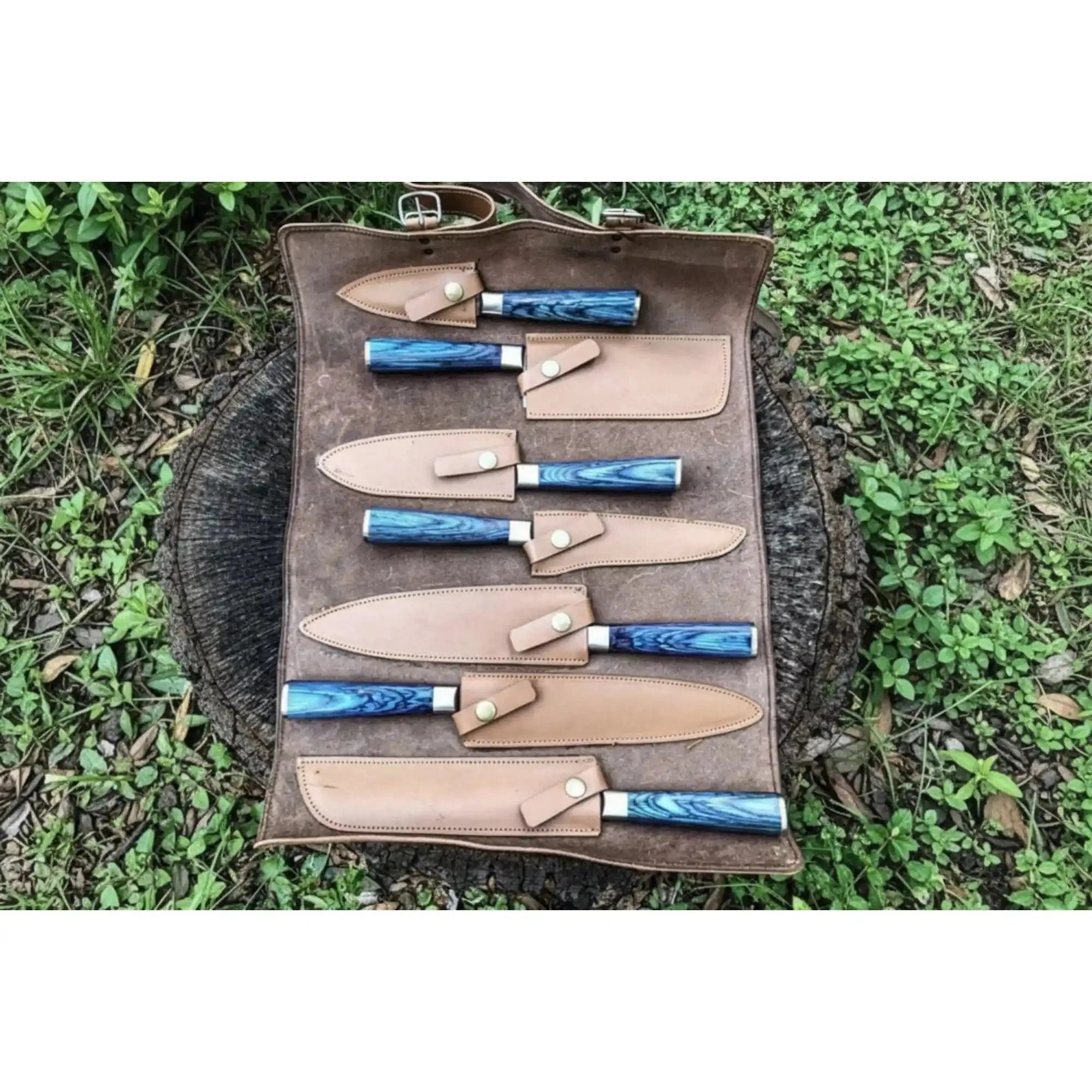Professional Damascus Kitchen Knife Set 7 Piece Blue Stabilized Wood Handle Handmade Chef Knife Collection JW SteelCrafts