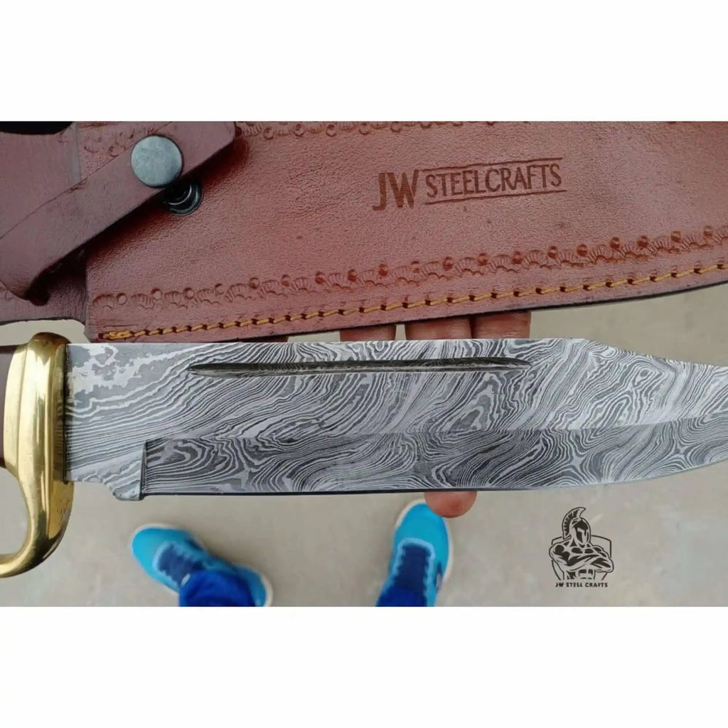 Sheffield Clip Point Bowie Knife Handmade Damascus Steel Blade Brass Guard Leather Sheath JW SteelCrafts
