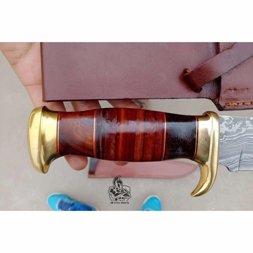 Sheffield Clip Point Bowie Knife Handmade Damascus Steel Blade Brass Guard Leather Sheath JW SteelCrafts