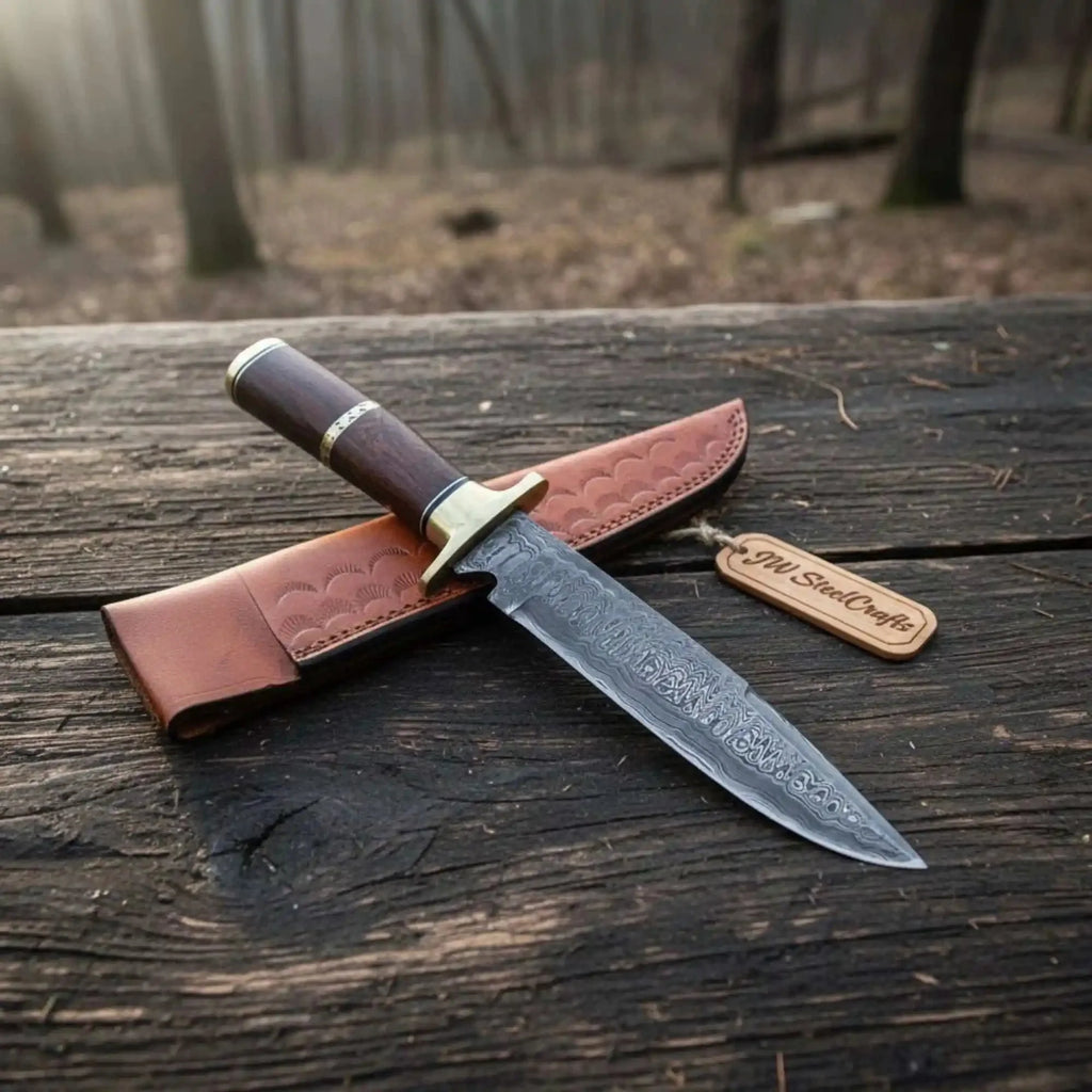 Sheffield Clip Point Damascus Bowie Knife with Hardwood Handle and Brass Guard – Handmade Fixed Blade JW SteelCrafts