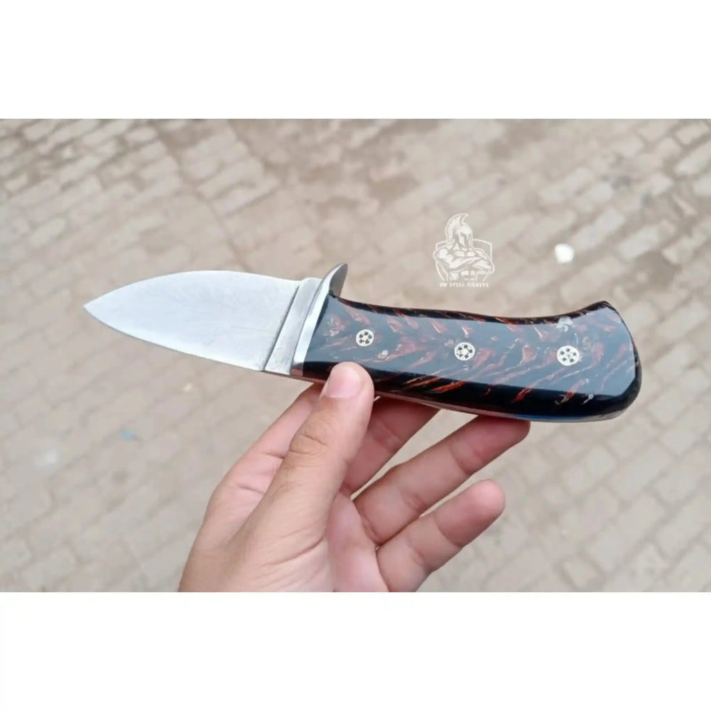 Skinner Knife, Feather Damascus Blade, Resin Handle, Fixed Blade Hunting Knife