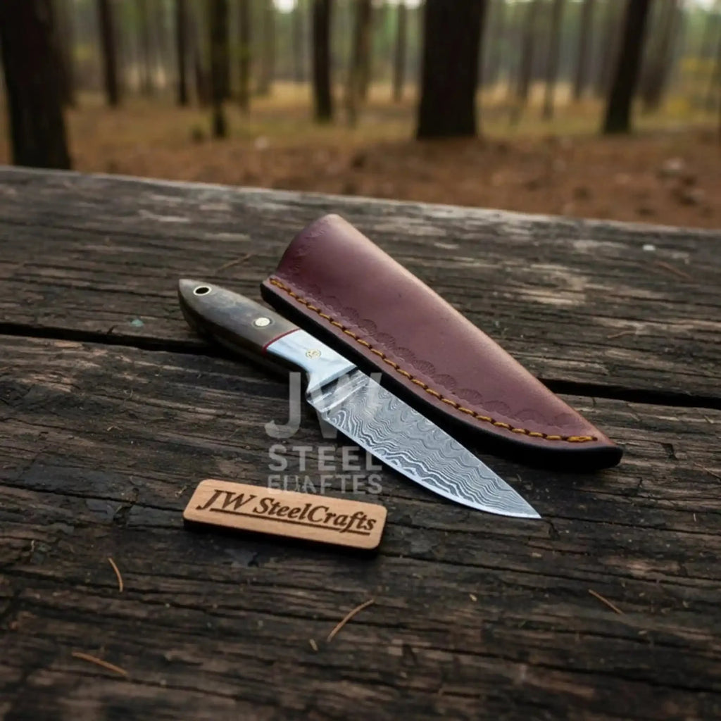 Small Damascus Utility Knife – Rosewood Handle With Leather Sheath