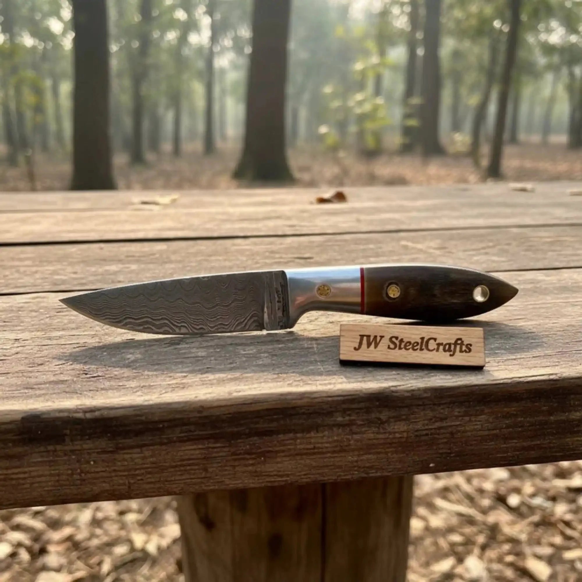 Small Damascus Utility Knife – Rosewood Handle With Leather Sheath