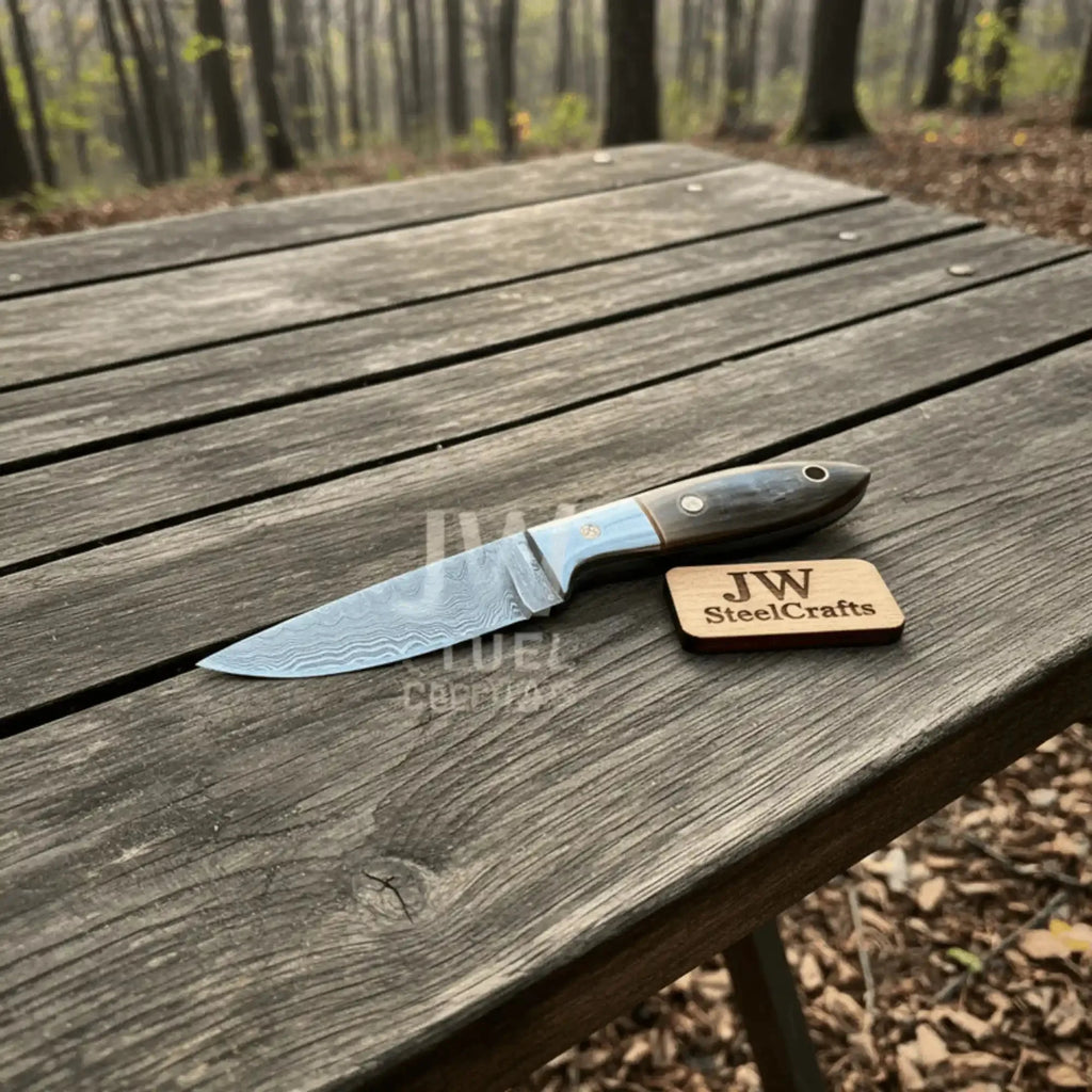 Small Damascus Utility Knife – Rosewood Handle With Leather Sheath