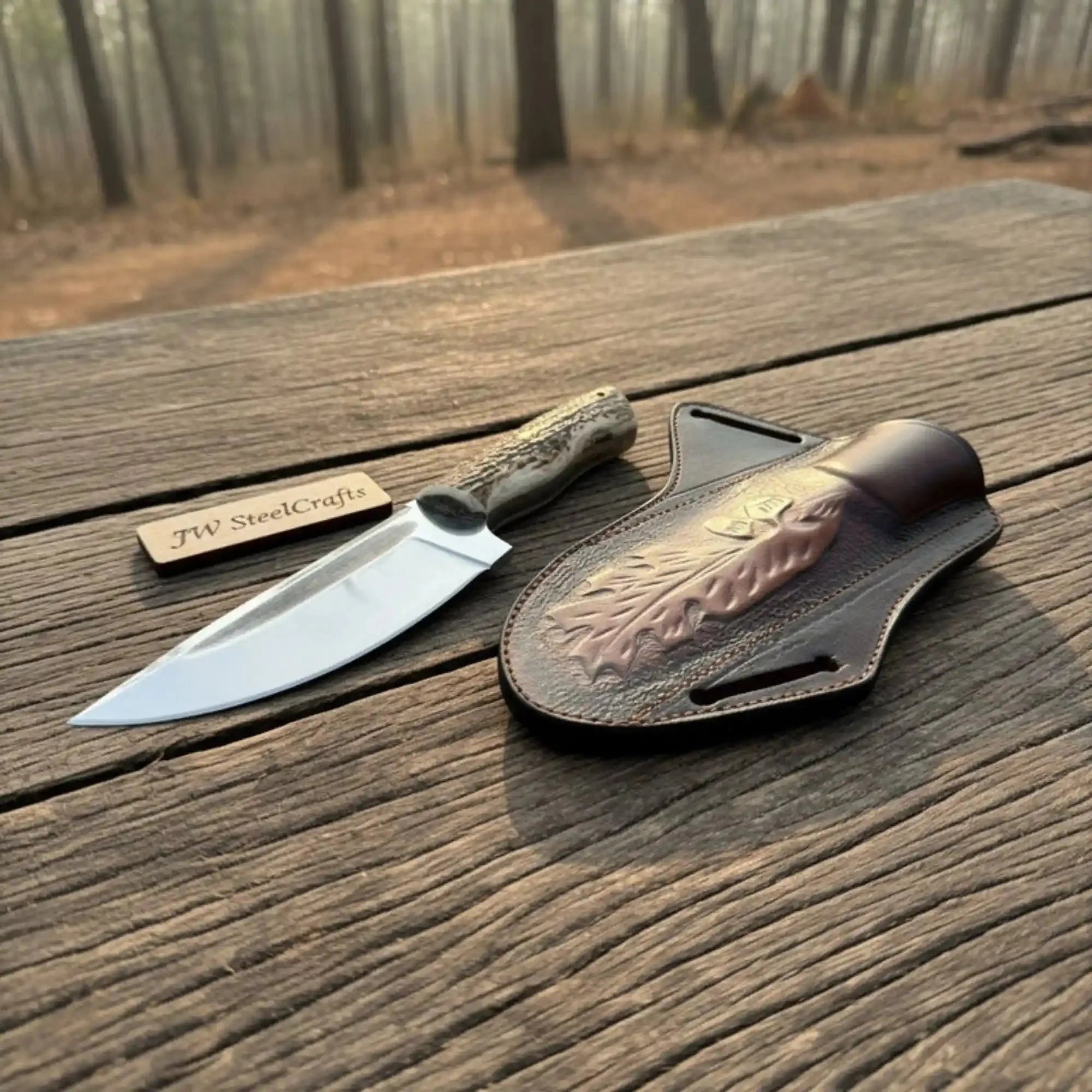 Stag Handle Hunting Knife – Stainless Steel or Damascus Blade | Leather Sheath | JW SteelCrafts