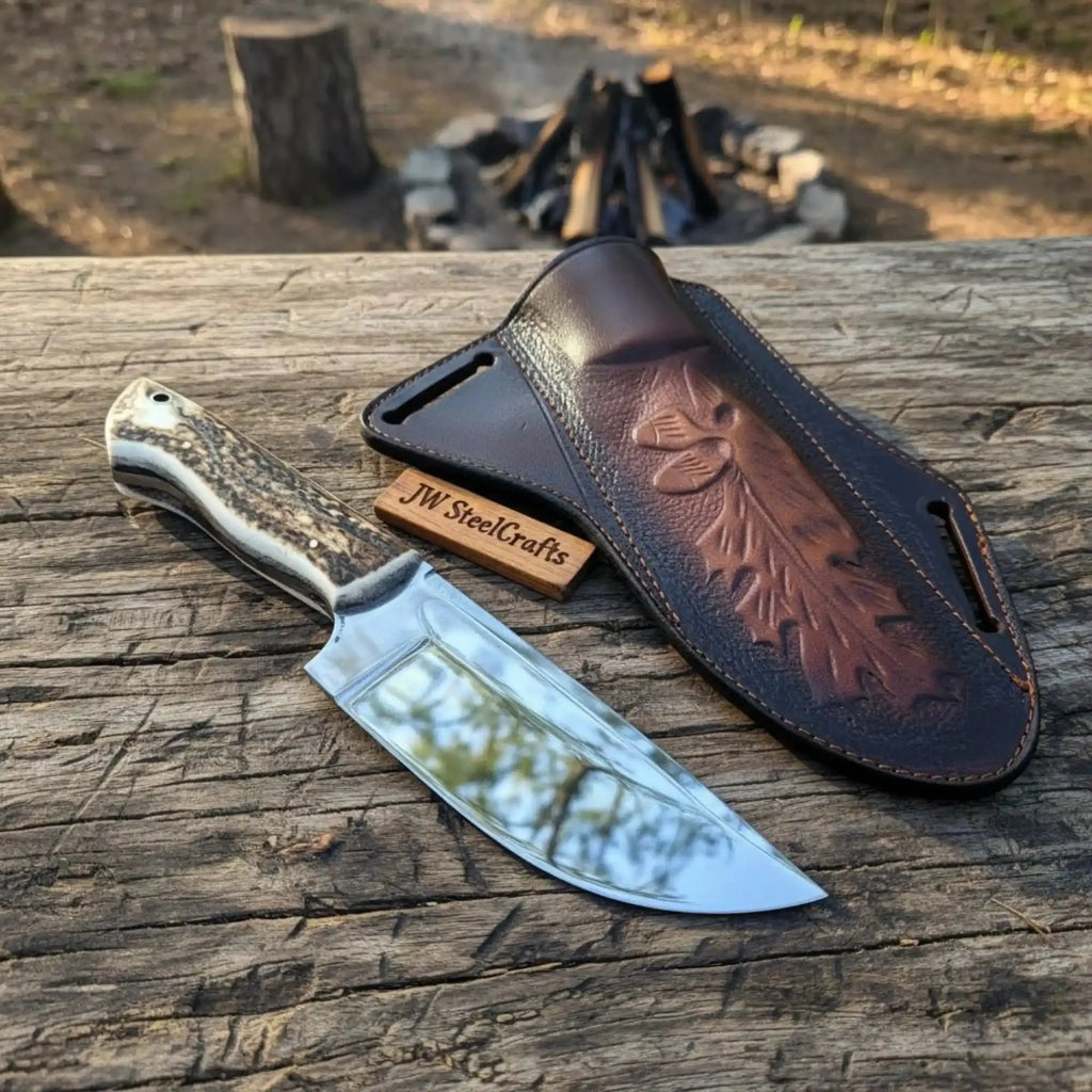 Stag Handle Hunting Knife – Stainless Steel or Damascus Blade | Leather Sheath | JW SteelCrafts