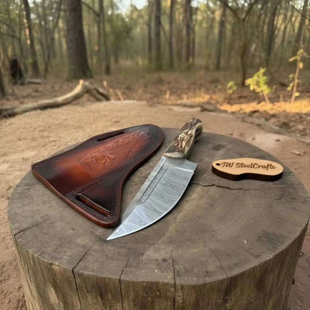 Stag Handle Hunting Knife – Stainless Steel or Damascus Blade | Leather Sheath | JW SteelCrafts