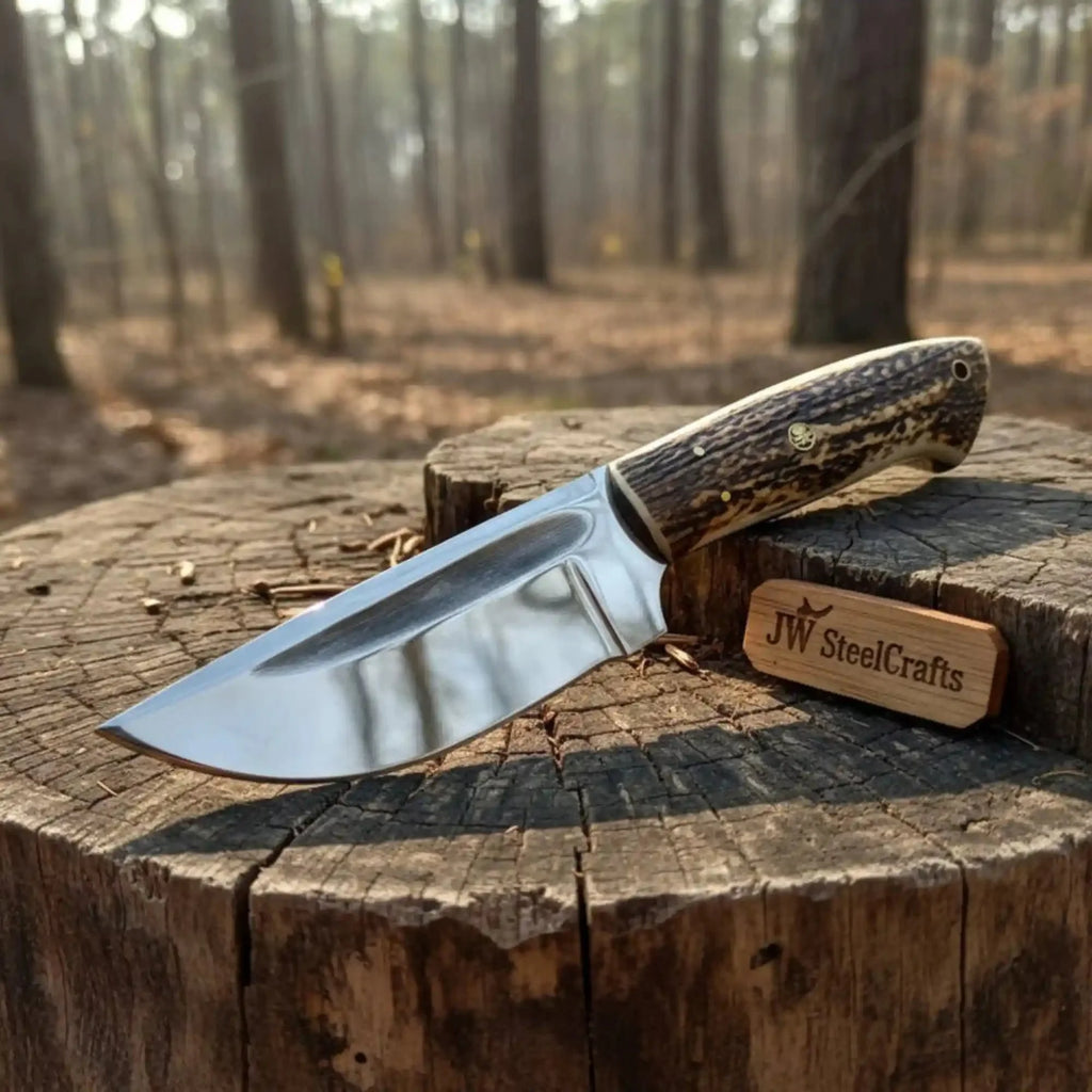 Stag Handle Hunting Knife – Stainless Steel or Damascus Blade | Leather Sheath | JW SteelCrafts