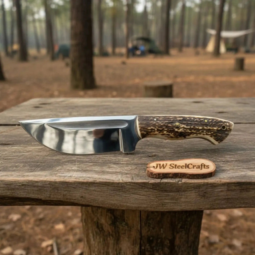 Stag Handle Hunting Knife – Stainless Steel or Damascus Blade | Leather Sheath | JW SteelCrafts