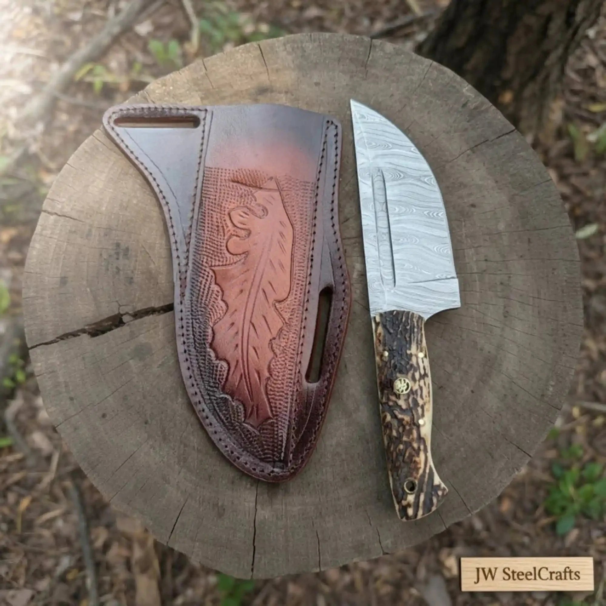 Stag Handle Hunting Knife – Stainless Steel or Damascus Blade | Leather Sheath | JW SteelCrafts