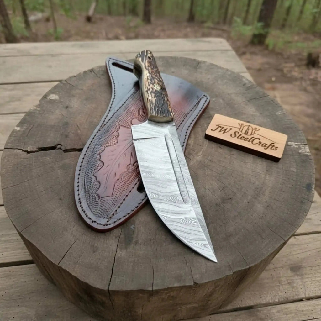 Stag Handle Hunting Knife – Stainless Steel or Damascus Blade | Leather Sheath | JW SteelCrafts