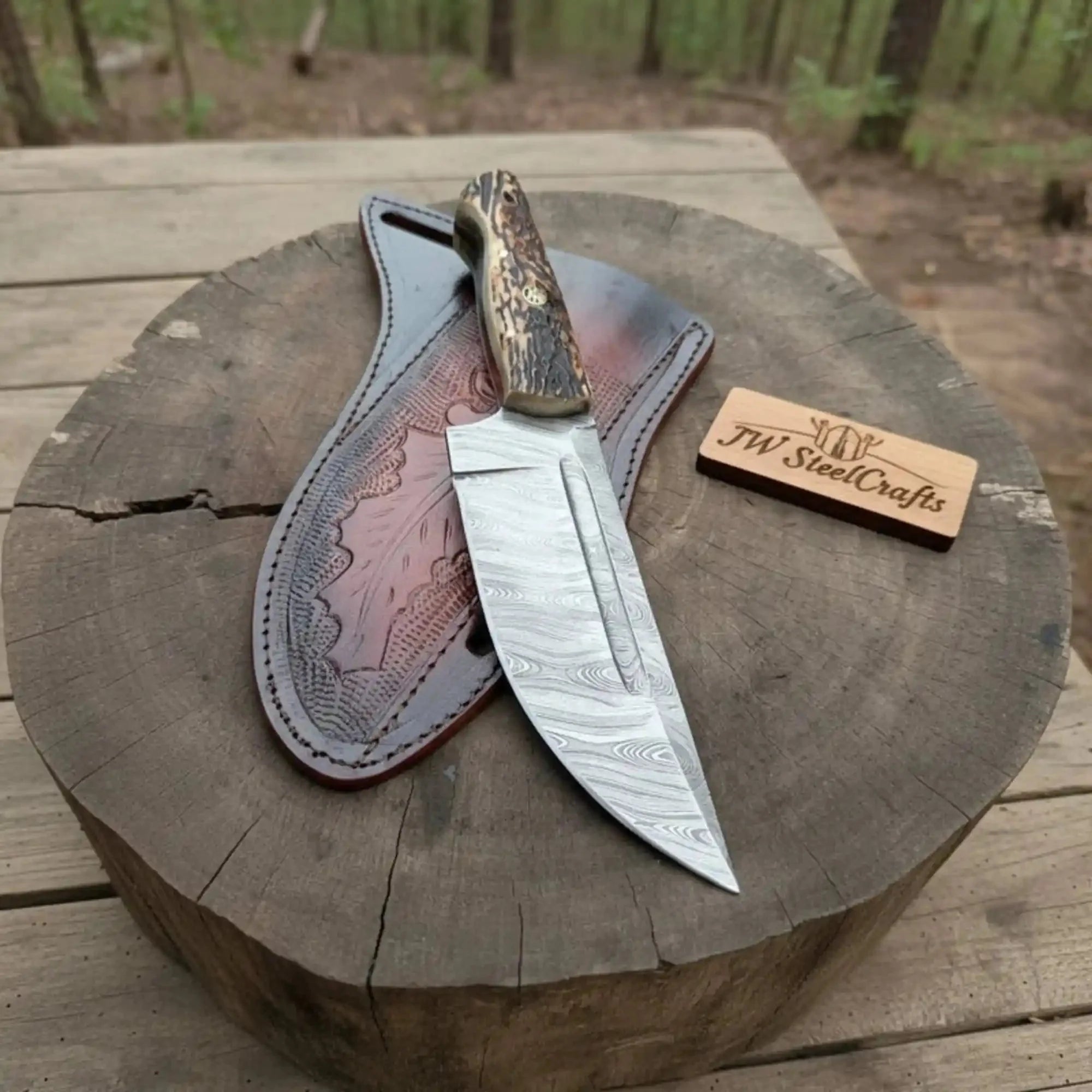Stag Handle Hunting Knife – Stainless Steel or Damascus Blade | Leather Sheath | JW SteelCrafts