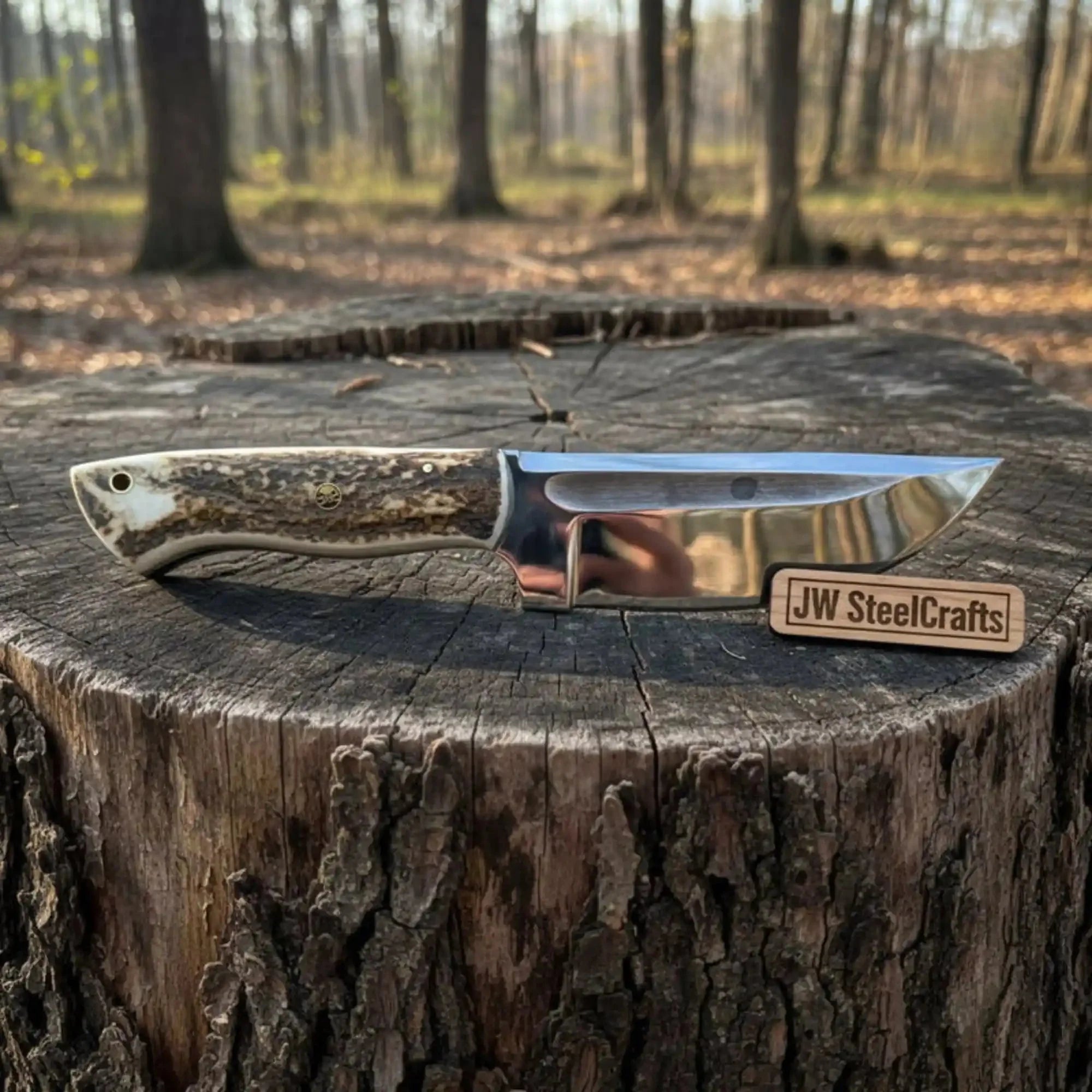 Stag Handle Hunting Knife – Stainless Steel or Damascus Blade | Leather Sheath | JW SteelCrafts