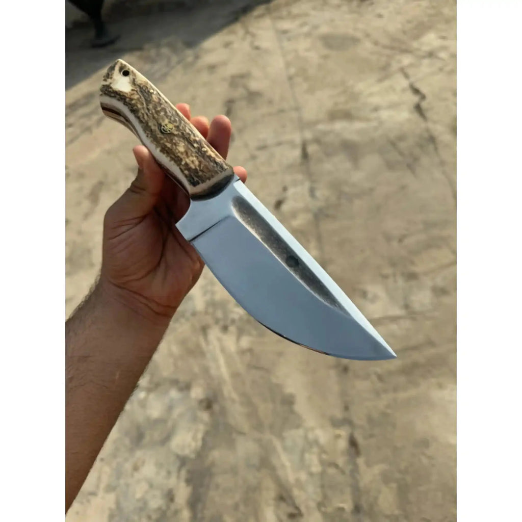 Stag Handle Hunting Knife – Stainless Steel or Damascus Blade | Leather Sheath | JW SteelCrafts