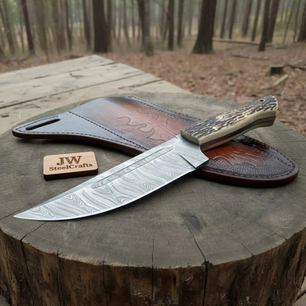 Stag Handle Hunting Knife – Stainless Steel or Damascus Blade | Leather Sheath | JW SteelCrafts