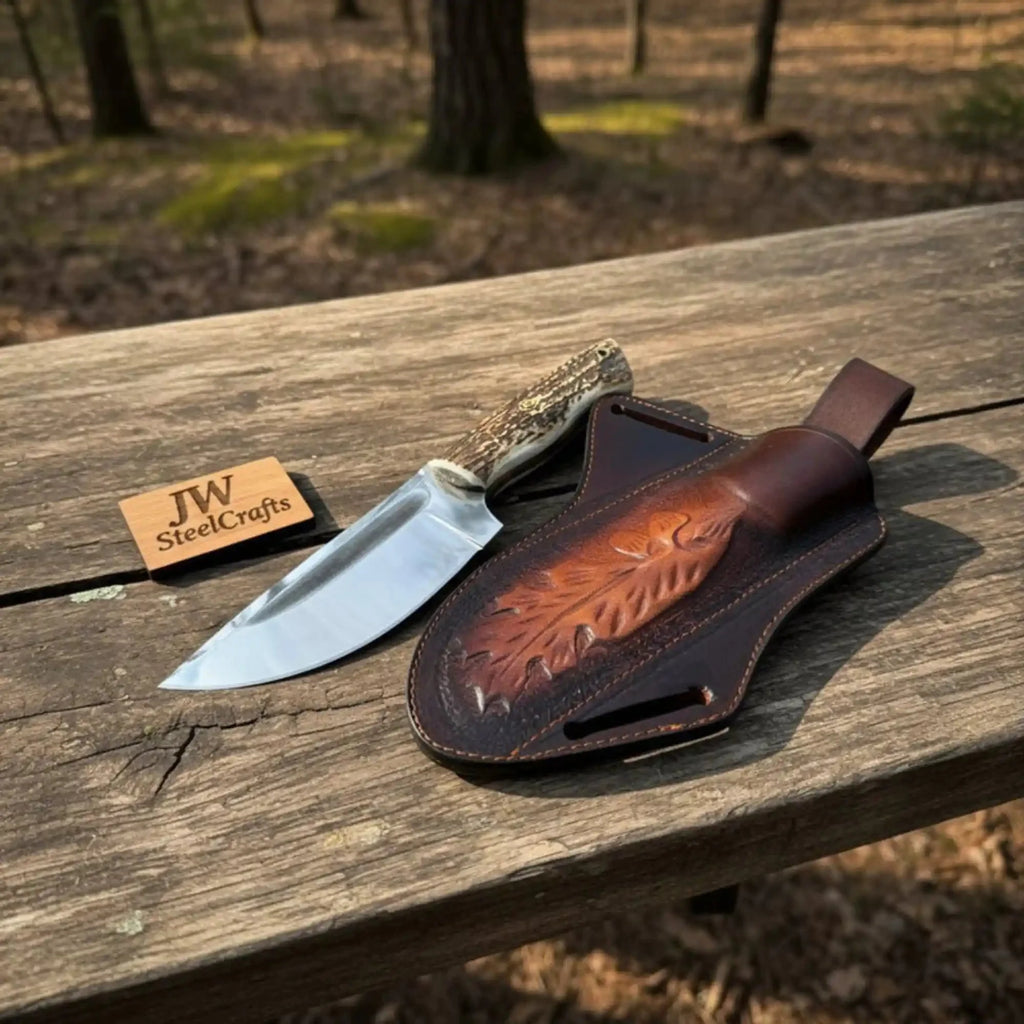 Stag Handle Hunting Knife – Stainless Steel or Damascus Blade | Leather Sheath | JW SteelCrafts