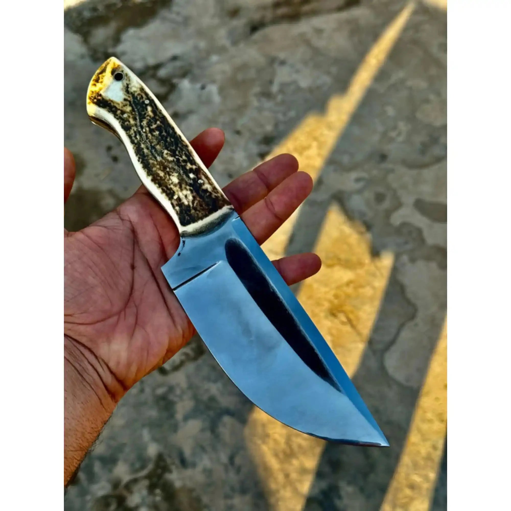 Stag Handle Hunting Knife – Stainless Steel or Damascus Blade | Leather Sheath | JW SteelCrafts