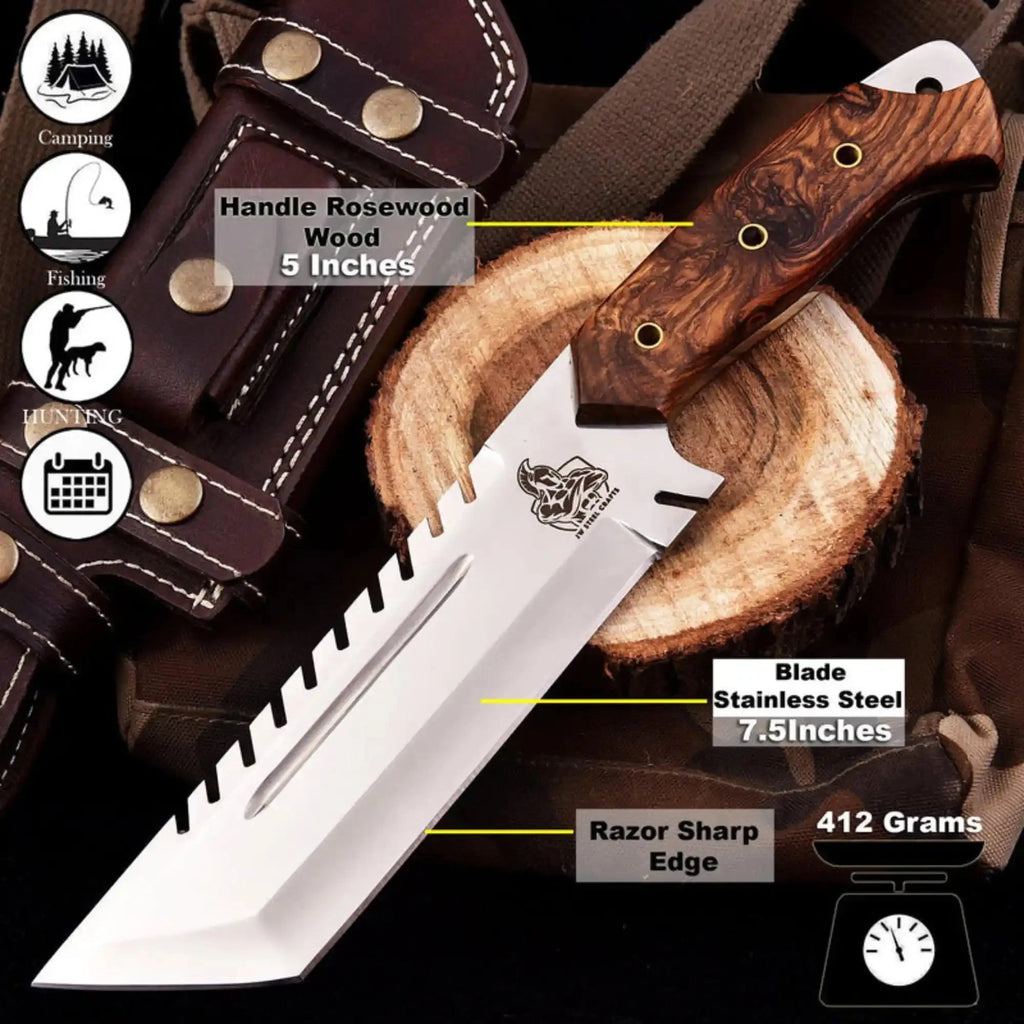 Tracker knife Full Tang Fixed Blade Knife – Stainless Steel Blade & Burl Wood Handle | JW SteelCrafts