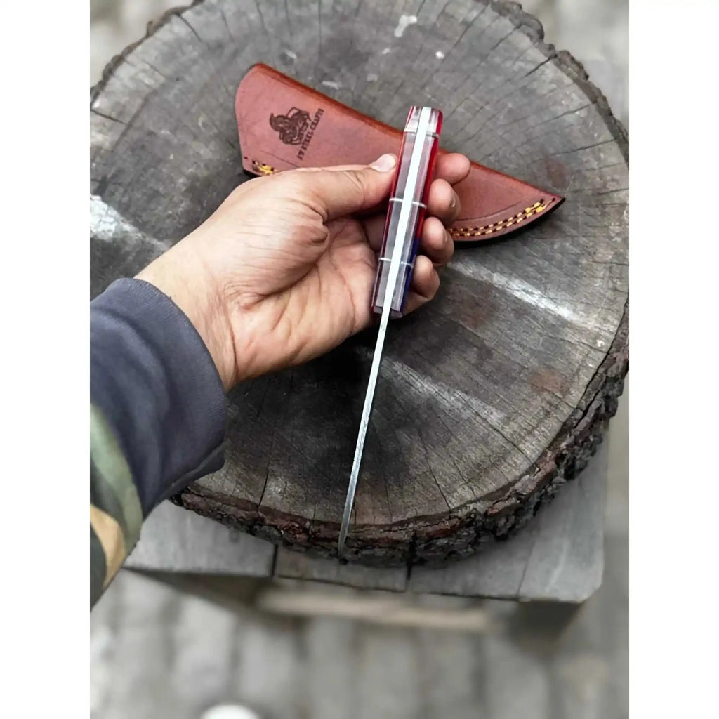 USA Handle Outdoor Knife – Handcrafted Damascus Steel Blade | Leather Sheath | JW SteelCrafts