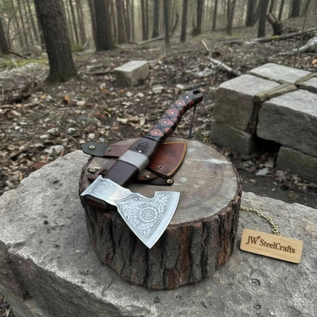 Viking Bearded Axe with Norse Engraved Blade and Leather Sheath